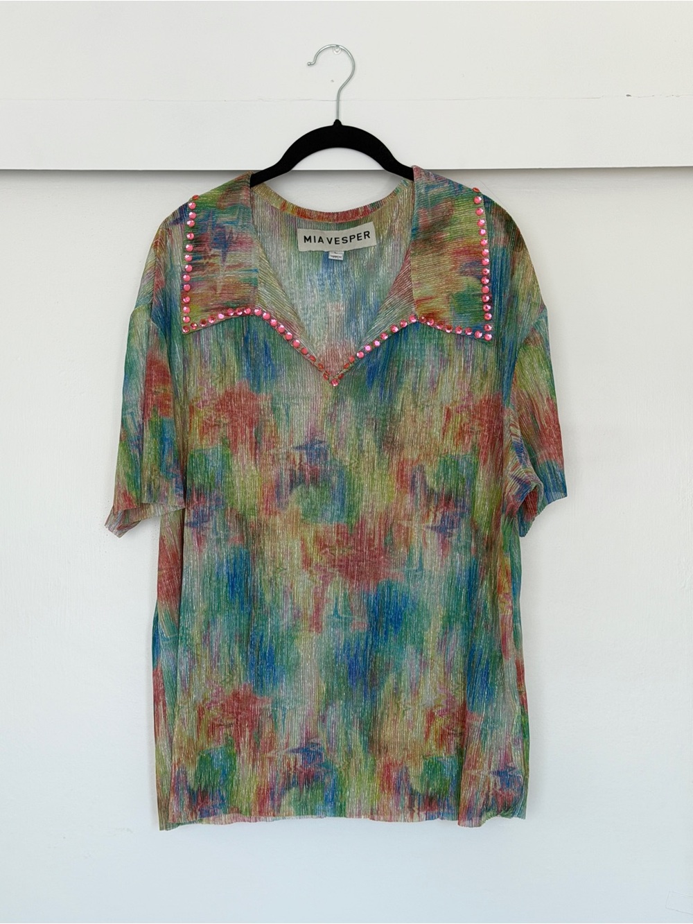 Mia Vesper • Plissé Crystal Collared Pullover in Multi Watercolor • Size Large
